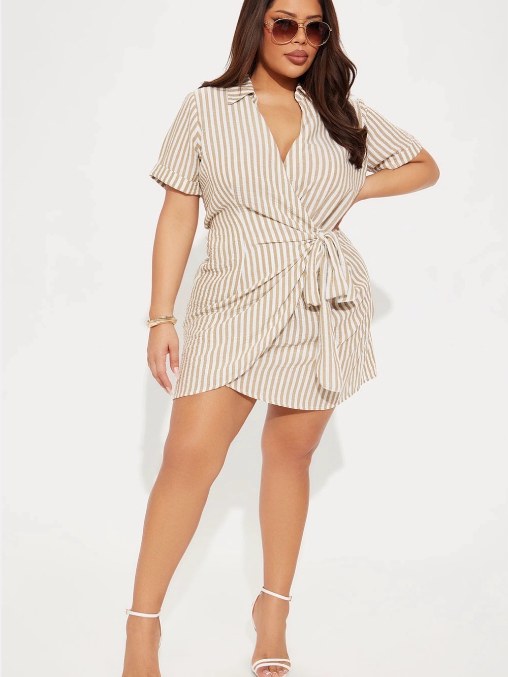 ✨NWT-Fashion Nova Beige-and-White Striped Tie-Waist Dress Now Sold Out